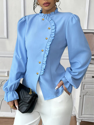 بلوزة نسائية أنيقة بتصميم فرنسي بأكمام طويلة وزر جانبي غير متماثل وحاشية كشكشة باللون الأزرق - بوليستر، قابلة للغسيل بالماكينة، مثالية للخريف