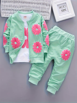 3 قطع من سترة بسحاب بطباعة زهور كرتونية للأطفال وقميص بأكمام طويلة وسروال كاجوال، طقم ملابس للبنات الصغار والرضع لفصل الربيع والخريف في الهواء الطلق