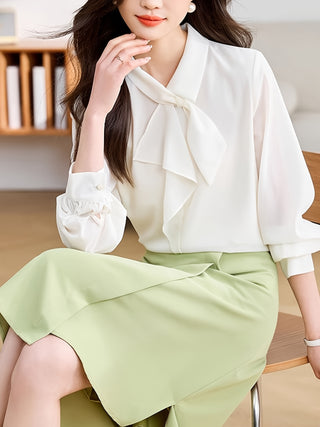 بلوزة أنيقة بياقة غير متماثلة مع تفاصيل ربط - قميص بأكمام طويلة وأزرار للنساء، بوليستر خفيف، مثالية للارتداء العارض أو في المكتب، مجموعة الربيع/الخريف، بلوزات للسيدات