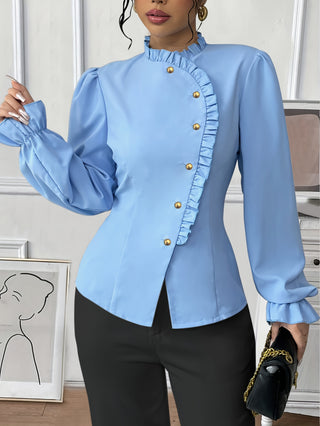بلوزة نسائية أنيقة بتصميم فرنسي بأكمام طويلة وزر جانبي غير متماثل وحاشية كشكشة باللون الأزرق - بوليستر، قابلة للغسيل بالماكينة، مثالية للخريف
