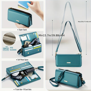 حقيبة هاتف مع حزام قابل للتعديل للنساء، محفظة بتصميم متعدد فتحات بطاقات مع حماية RFID وجيب بسحاب، مع سوار معصم قابل للفصل وحزام كتف، حافظة هاتف على شكل محفظة