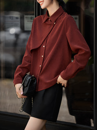 بلوزة أمامية غير متماثلة بلون سادة بأزرار، بلوزة أنيقة بأكمام طويلة لفصل الربيع والخريف، ملابس نسائية