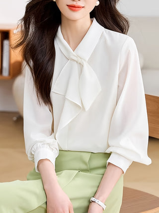 بلوزة أنيقة بياقة غير متماثلة مع تفاصيل ربط - قميص بأكمام طويلة وأزرار للنساء، بوليستر خفيف، مثالية للارتداء العارض أو في المكتب، مجموعة الربيع/الخريف، بلوزات للسيدات