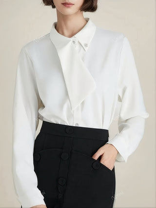 بلوزة نسائية أنيقة بأكمام طويلة - لون صلب، ياقة غير متماثلة، أمامية بأزرار، قصة عادية، ملابس مكتبية وعادية لجميع الفصول، بلوزة بأزرار