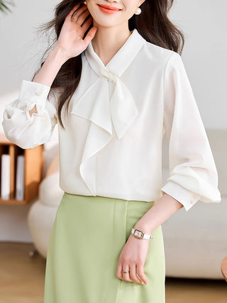 بلوزة أنيقة بياقة غير متماثلة مع تفاصيل ربط - قميص بأكمام طويلة وأزرار للنساء، بوليستر خفيف، مثالية للارتداء العارض أو في المكتب، مجموعة الربيع/الخريف، بلوزات للسيدات