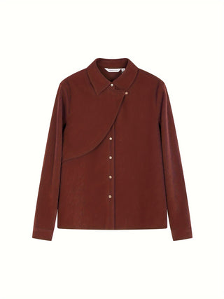 بلوزة أمامية غير متماثلة بلون سادة بأزرار، بلوزة أنيقة بأكمام طويلة لفصل الربيع والخريف، ملابس نسائية