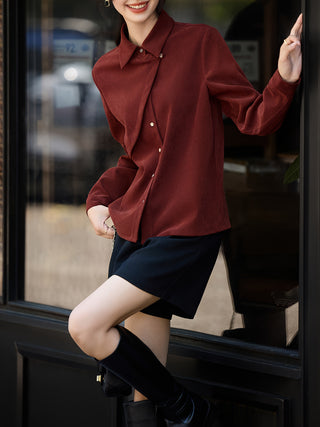 بلوزة أمامية غير متماثلة بلون سادة بأزرار، بلوزة أنيقة بأكمام طويلة لفصل الربيع والخريف، ملابس نسائية