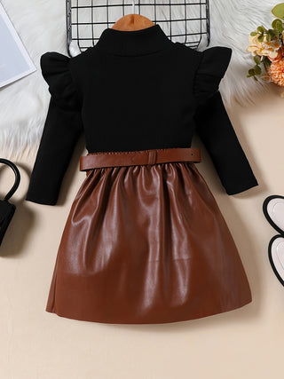 3 Piece Set for Girls Elegant Solid Color Long Sleeve Turtleneck Top + Pleated Leather Skirt + Waist Belt for Autumn/Winter 