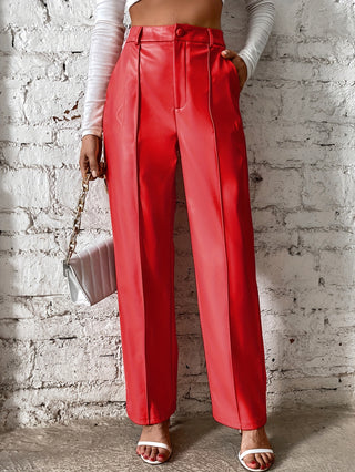 Faux Leather Straight Leg Pants, High Waist Casual Skinny Pants with Pocket, Women's Clothing 