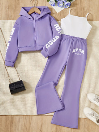 Girls 3 Piece Tracksuit Set: Long Sleeve Zip Up Hoodie, Cargo Pants with Undershirt - Comfortable and Versatile for Spring/Fall Casual Wear, Gift Idea 