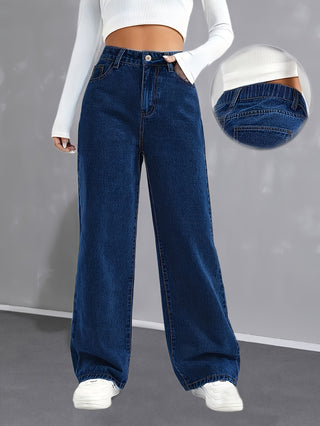 Women's loose fit elastic waist wide leg jeans in dark blue blend from the Jeans &amp; Women's Clothing collection. 