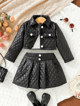 Girls Elegant Set, Argyle Shawl Neck Crop Top + High Waist Skirt - Comfortable and Fashionable 2 Pieces Outerwear for Spring/Autumn 