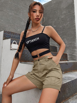 Solid Color High Waist Shorts Spring Summer Multi Pockets Cargo Shorts Women Clothing 