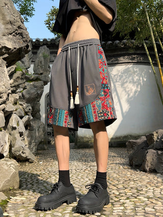 Men's Ethnic Print Embroidered Shorts with Pockets, Casual Drawstring Shorts for Summer 