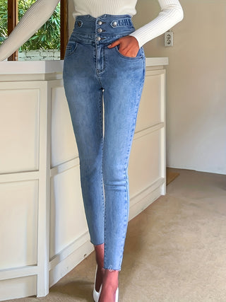 High Waist Raw Hem Tummy Control Denim Pants,Multi Buttons,Stylish Washed Blue Single Waist Jeans,Women's Denim Jeans &amp; Clothing 