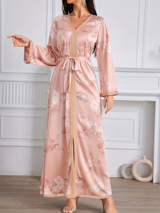 Floral Pattern Long Sleeve Maxi Dress Elegant V Neck Dress with Contrast Lace Slit and Low Hem Women's Clothing 