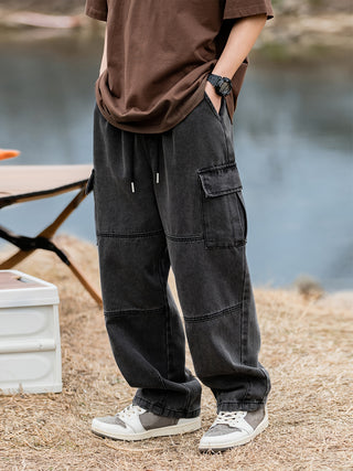 Men's Loose Denim Jeans with Multi Pockets, Casual Drawstring Cotton Blend Trousers for Autumn Spring Outdoor Activities 