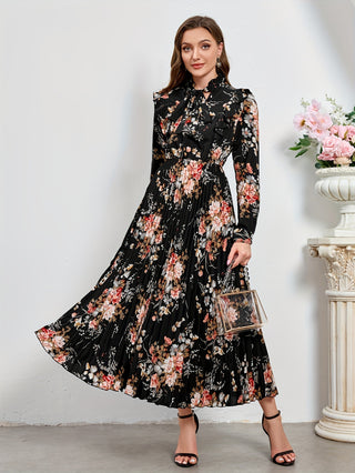 Elegant Floral Print Pleated Maxi Dress - Long Sleeve, Non-Stretch Polyester, Machine Washable - Perfect for All Seasons 