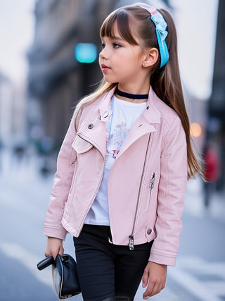 Girls Spring Autumn Stand Collar Diagonal Zip Motorcycle Leather Jacket 