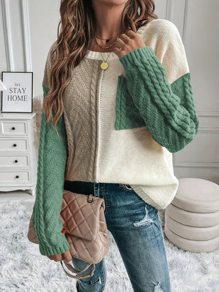 Color Block Cable Knitting Aran Sweater, Casual Drop Shoulder Long Sleeve Sweater for Autumn Winter, Women's Clothing 