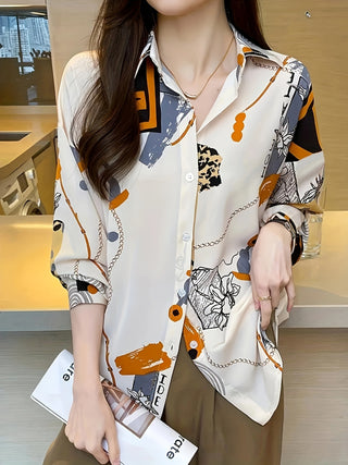 Vintage Inspired Geometric Floral Print Blouse Polyester Blend Collar Button Down Knitted Long Sleeve Shirt for Women Perfect for Spring/Fall 