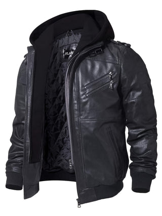 FLAVOR Men's Genuine Leather Jacket with Removable Hood Brown 