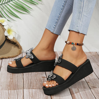 Women Rhinestone Butterfly Embellished Sandals Open Toe Wedge Heel Sandals Comfortable Wearable Sandals 