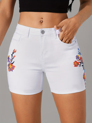 Women's Casual Mid Waist Elastic Denim Shorts White with Floral Embroidery Stretch Skinny Jeans Shorts 