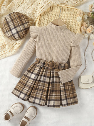 Little Girls Winter Clothes, Long Sleeve Knitted Turtleneck Shirt, Plaid Pleated Skirt and Hat with Belt 3pcs 