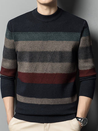 All Match Knitted Color Block Sweater, Men's Warm Casual High Elastic Crew Neck Sweater for Autumn Winter 