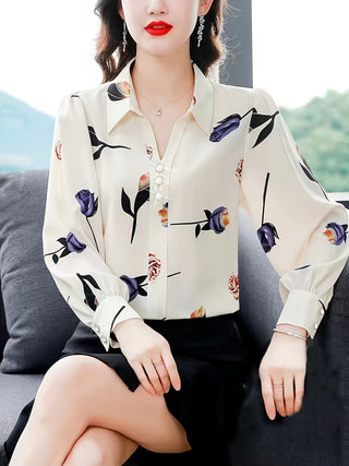 Floral Print Button Front Blouse Elegant Long Sleeve Spring Autumn Blouse Women Clothing 