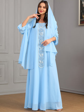 Embroidered Crew Neck Kaftan Dress, Elegant Loose Sleeve Long Dress, Women's Clothing 