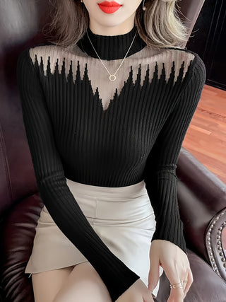 Fengqiaoman Elegant Mesh Sheer Shirt - High Collar, Long Sleeve, Perfect for Spring and Autumn - Women's Fashion 