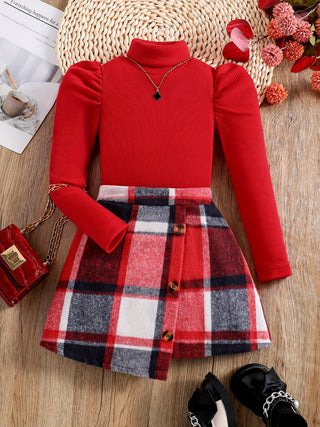 2Pcs Girls Elegant Clothes Set Turtleneck Blouse and Plaid Skirt Kids Outerwear for Spring Autumn Winter New Year Gift 