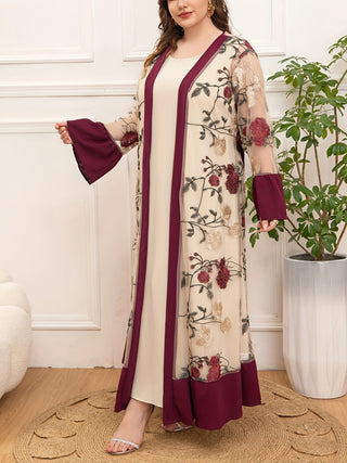 Luxurious collection of plus size dresses in Middle Eastern style with floral print and cinched waist. 