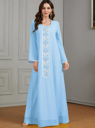 Embroidered Crew Neck Kaftan Dress, Elegant Loose Sleeve Long Dress, Women's Clothing 