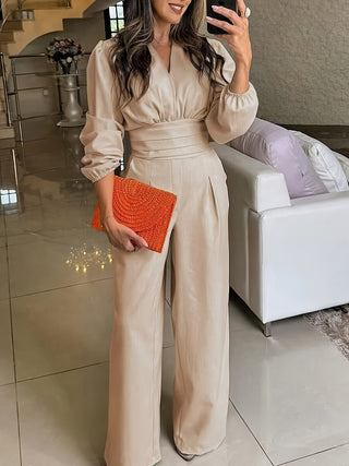 Stylish V-Neck Long Sleeve Jumpsuit with Pockets - Solid Color, Polyester, Non-Stretch Fabric for All Seasons 