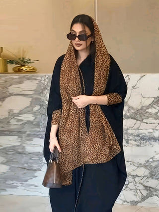 Leopard Print Open Front Kaftan Dress, Elegant Islamic Ankle Length Cardigan with Contrast Batwing Sleeves, Women's Clothing 