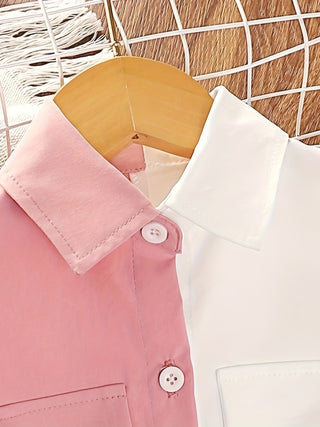 Girls Short Sleeve Mini Dress Shirt Two Color Design Casual Style Tie Waist Belt 