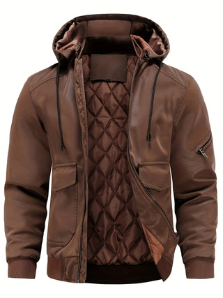 Men's PU Leather Hooded Jacket Warm Windproof Waterproof Jacket Autumn Winter 