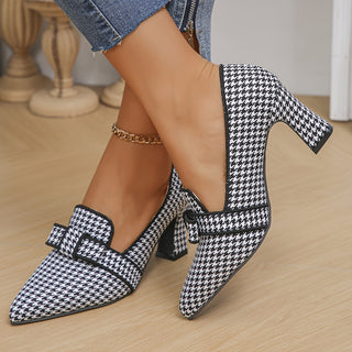 Women's Dog Tooth Pattern Pointed Toe Bow High Heel Office Shoes All-match Shoes 