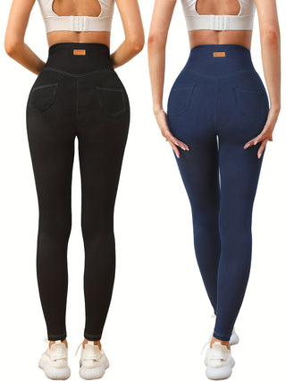 2 Pieces Women's High Waist Stretch Denim Yoga Leggings - Skinny Fit with Pockets, Perfect for Fall Winter Workout 