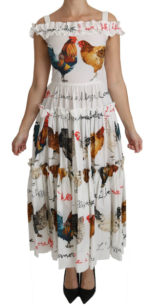 Dolce &amp; Gabbana Elegant White Rooster Print Sheath Midi Dress