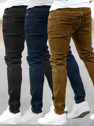 Pack of 3 Men's Skinny Jeans, Solid Basics with Medium Stretch, Raw Wash Cotton Blend Fabric, Regular Length, All Season Knit Pant - 70% Cotton, 27% Polyester, 3% Spandex 