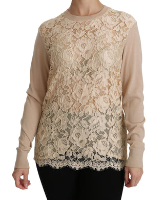 Dolce &amp; Gabbana Elegant Beige Lace Crew Neck Cashmere Blouse