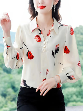 Floral Print Button Front Blouse Elegant Long Sleeve Spring Autumn Blouse Women Clothing 