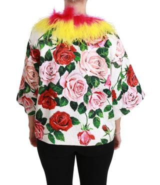 Dolce &amp; Gabbana Elegant Floral Cape Jacket with Fur Details