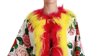 Dolce &amp; Gabbana Elegant Floral Cape Jacket with Fur Details