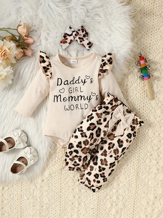 Adorable 3pcs Outfit For Baby Girls - Romper، Ruffle Sleeve Bodysuit، Cartoon Print Pants & Headband Set!