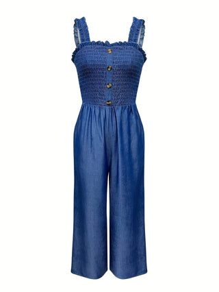 Spring Summer Women's Elegant Sleeveless Faux Buttons Wide Leg Jumpsuit Lettuce Rompers 